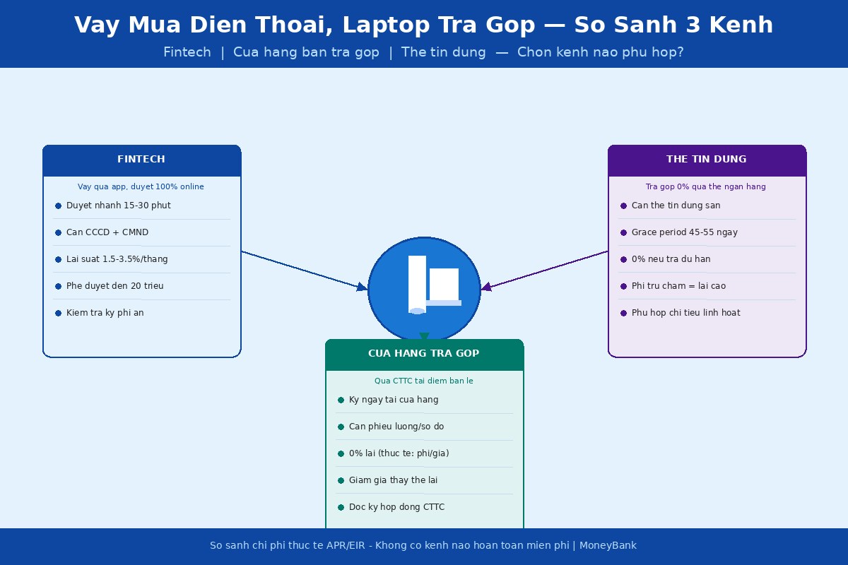 Vay mua điện thoại, laptop trả góp — fintech vs cửa hàng vs thẻ tín dụng: chọn kênh nào phù hợp?